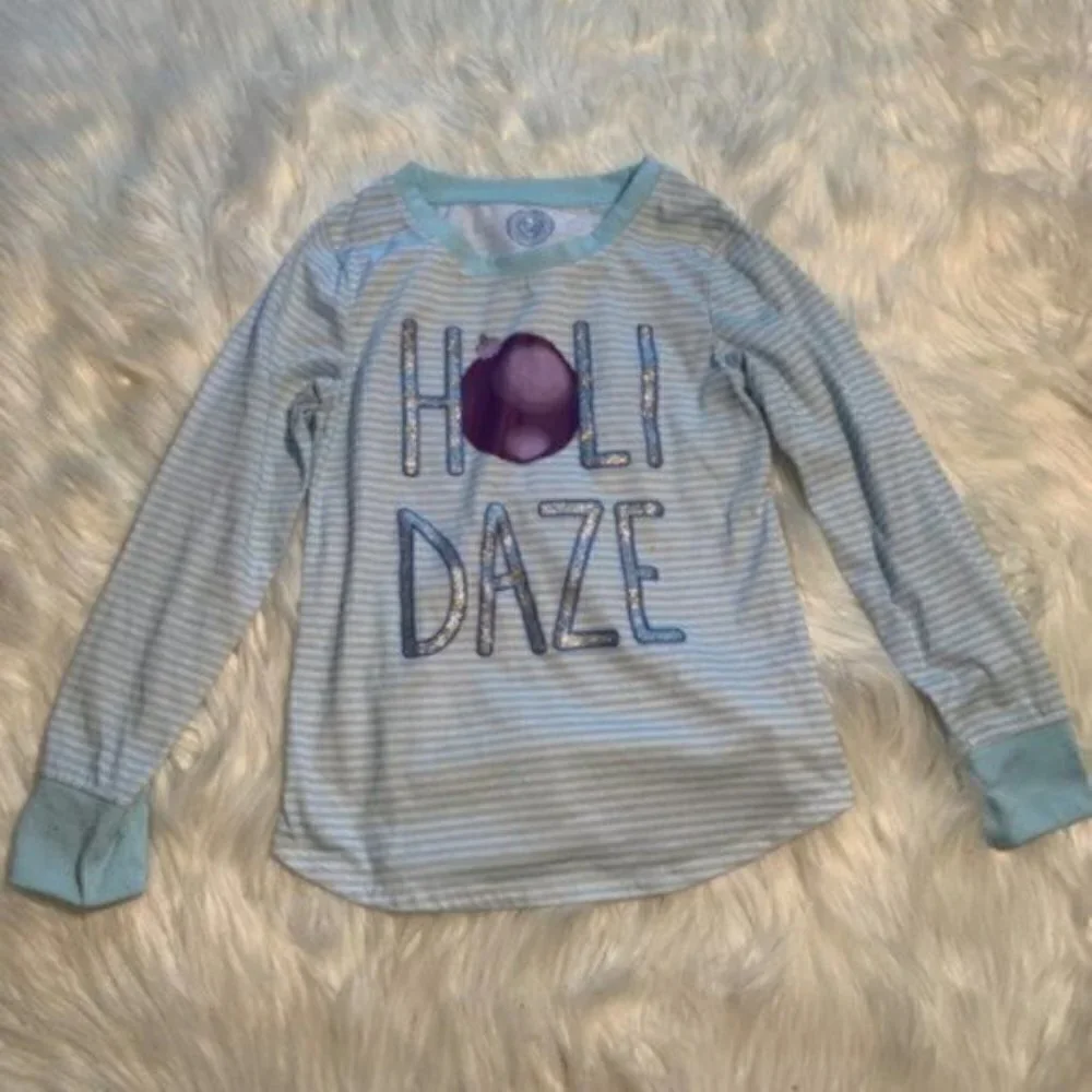 So Girls Size 7/8 Long Sleeve Pajama Shirt Blue White Stripes Holidaze Silver